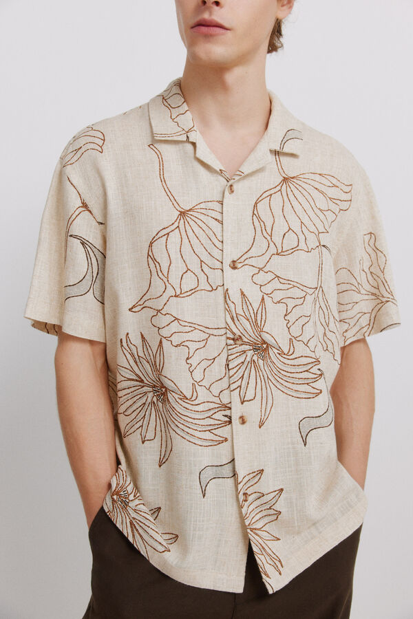 Springfield Camisa de manga curta estampada em linho e viscose bege