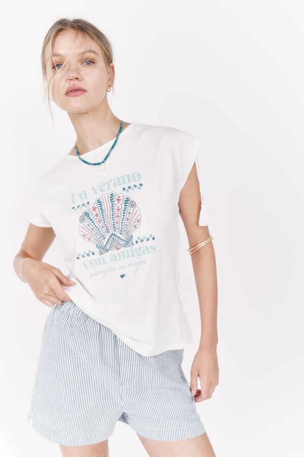 La Vecina Rubia Camiseta de manga manga curta com borlas bege