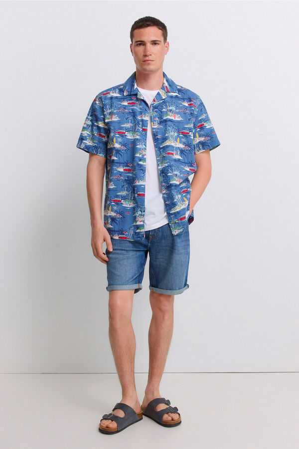 Springfield Camisa de manga curta bowling estampada azul