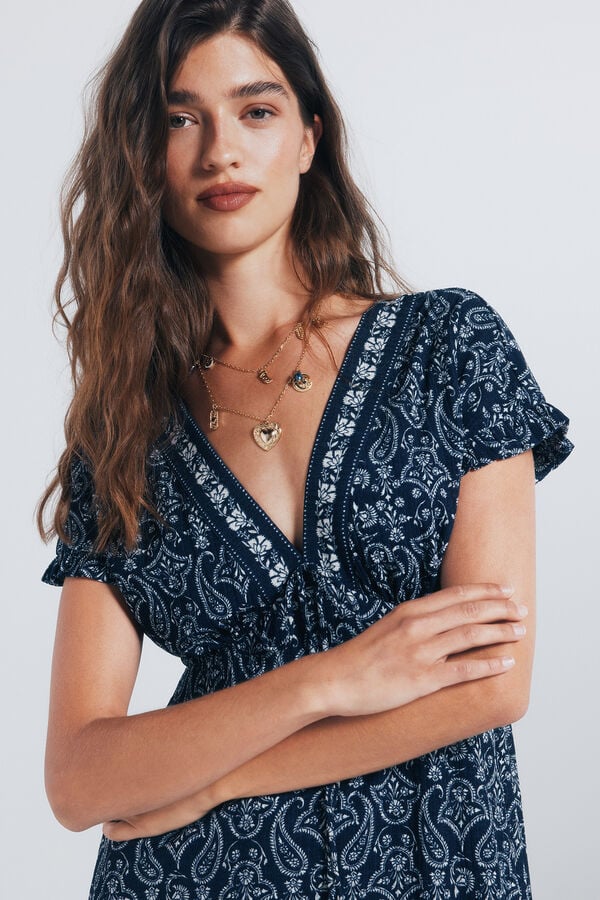 Springfield Vestido midi com decote bordado azul