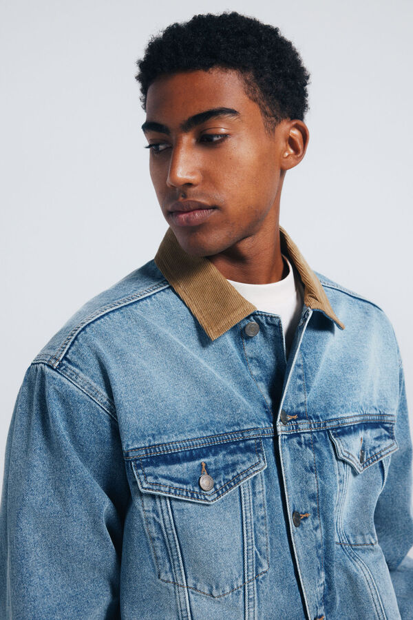 Springfield Jaqueta jeans oversized com gola contrastante azul