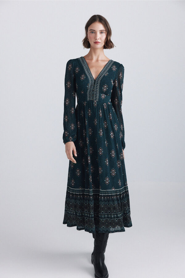 Springfield Vestido midi estampado &eacute;tnico verde