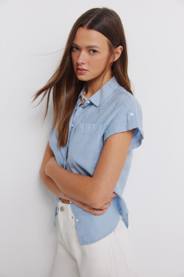 Springfield Camisa de manga curta em linho azul