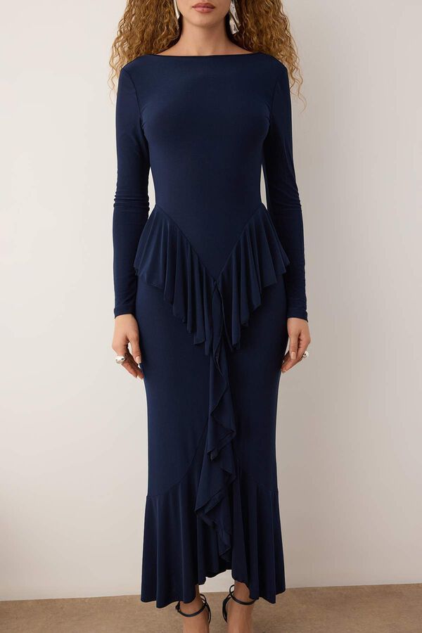 Trendyol Vestido midi justo costas abertas azul