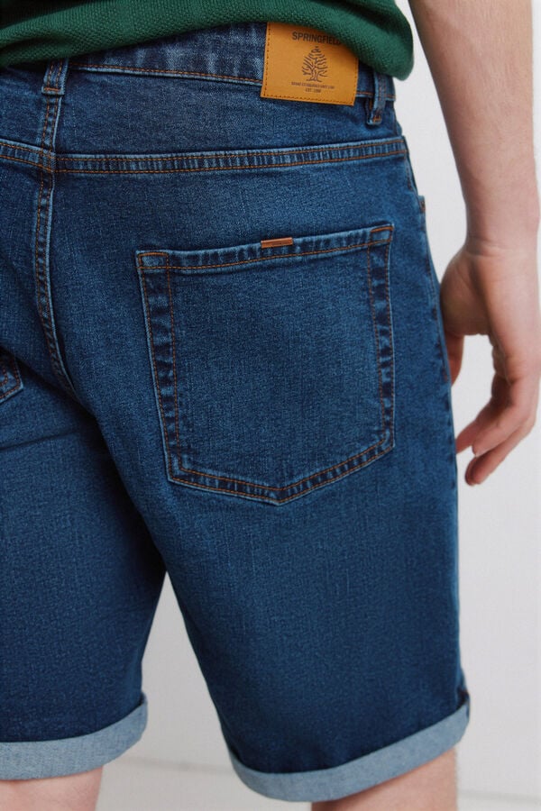 Springfield Bermuda jeans b&aacute;sica lavagem escura slim fit azul