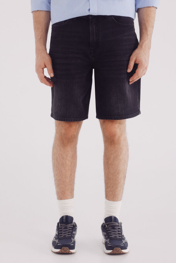 Springfield Bermuda jeans preta lavada regular fit preto