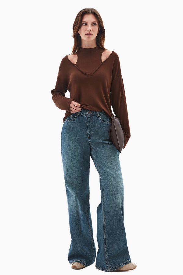 Oxxo Top manga comprida efeito layering castanho