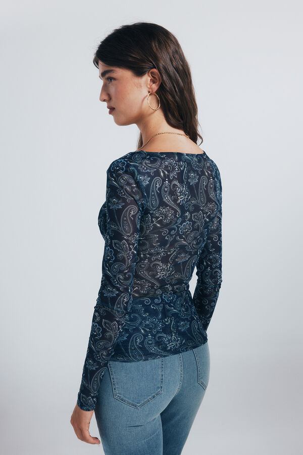 Springfield Camiseta de chiffon com decote franzido estampado azul
