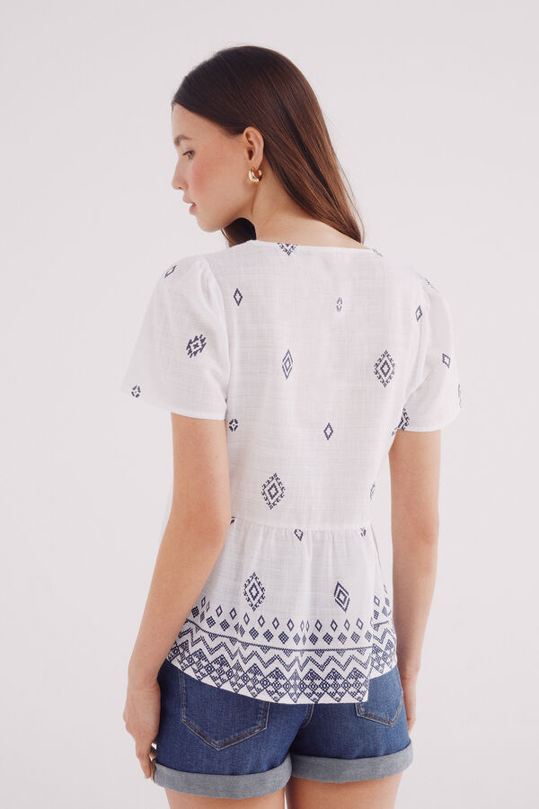 Springfield Blouse with ethnic motifs and a border neckline blue