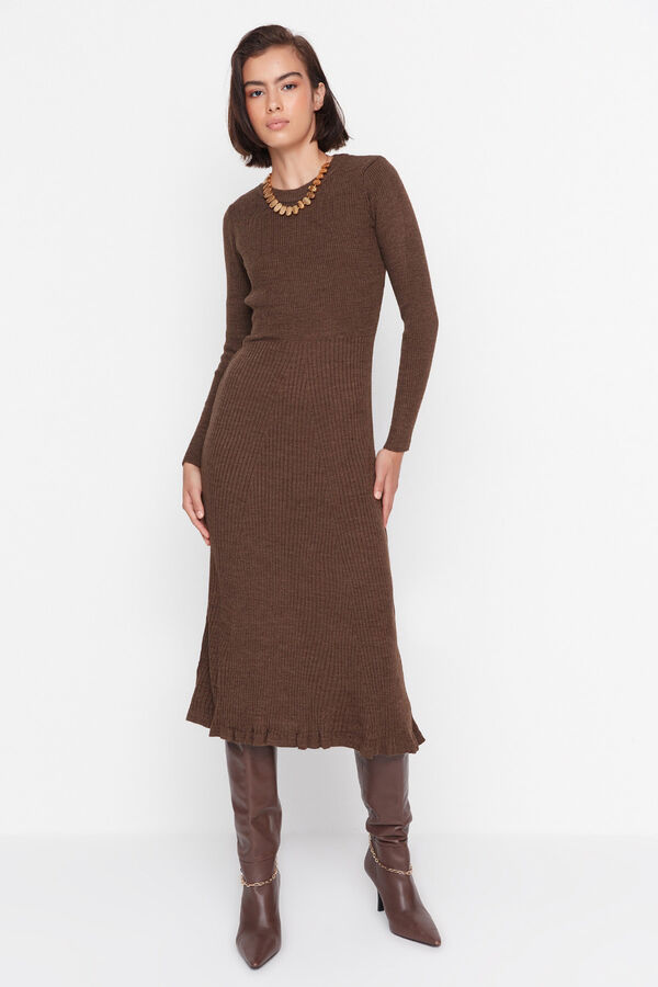 Trendyol Vestido midi de malha manga comprida ajustado cru