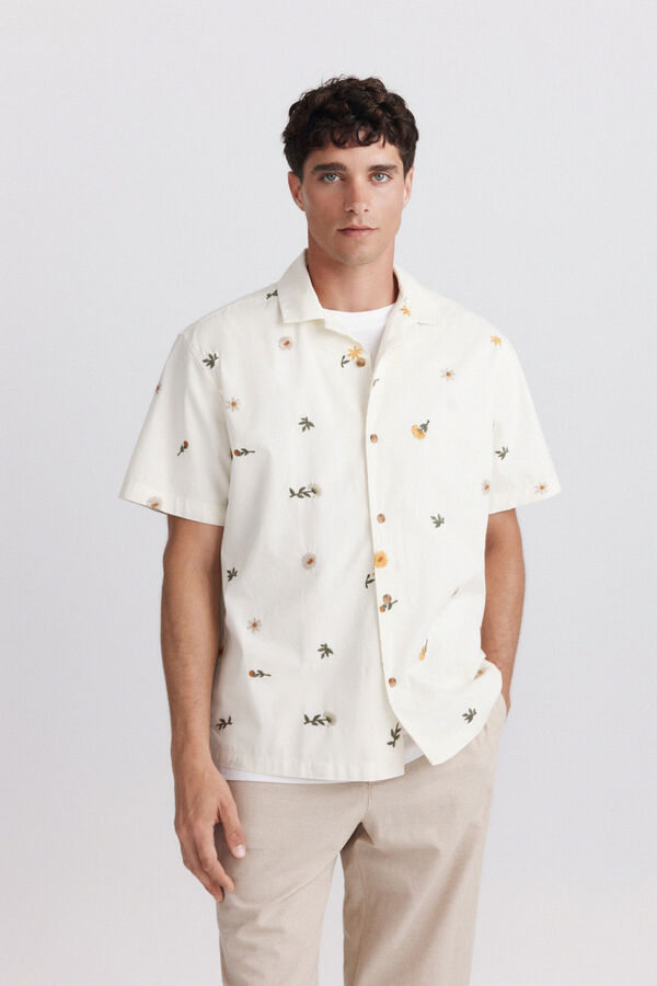 Springfield Camisa bowling de manga curta com bordado floral azul