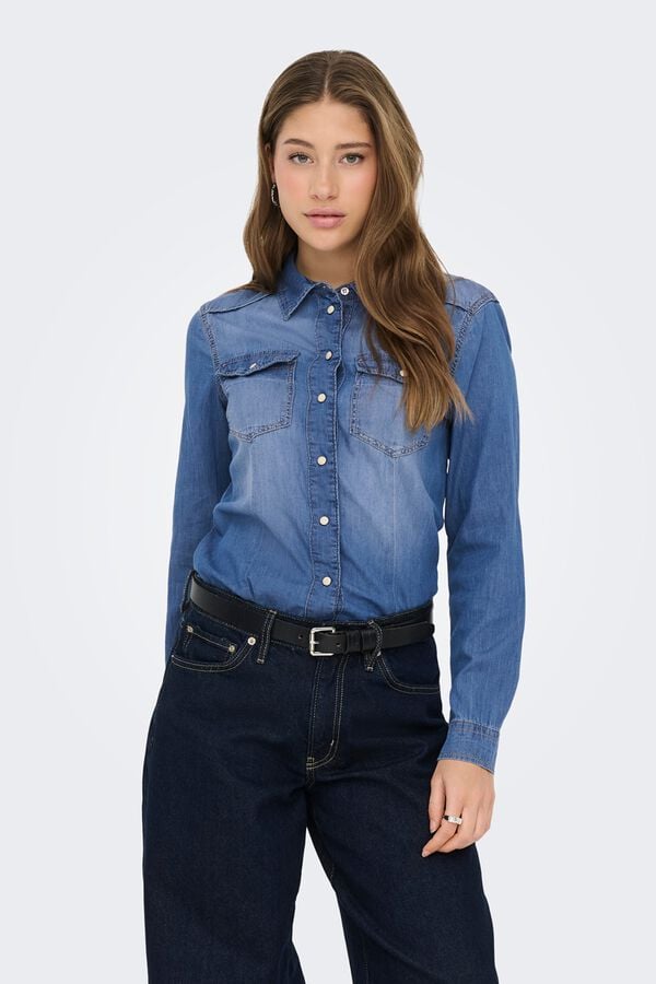 Only Camisa de ganga de manga comprida azul