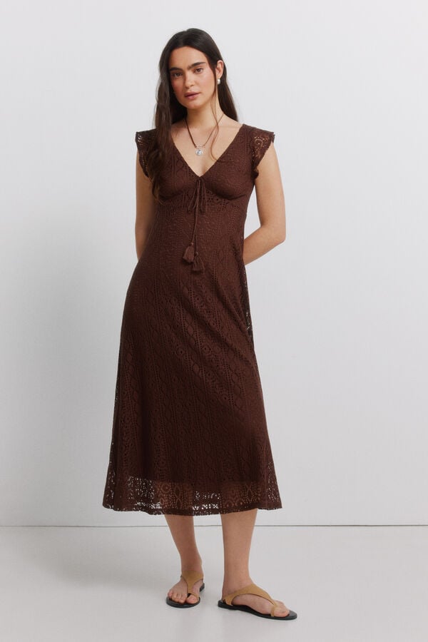 Springfield Vestido midi manga curta com folhos castanho