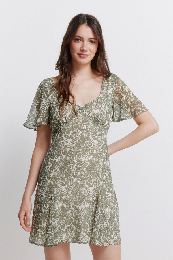 Springfield Vestido curto com folhos estampado paisley Caqui escuro