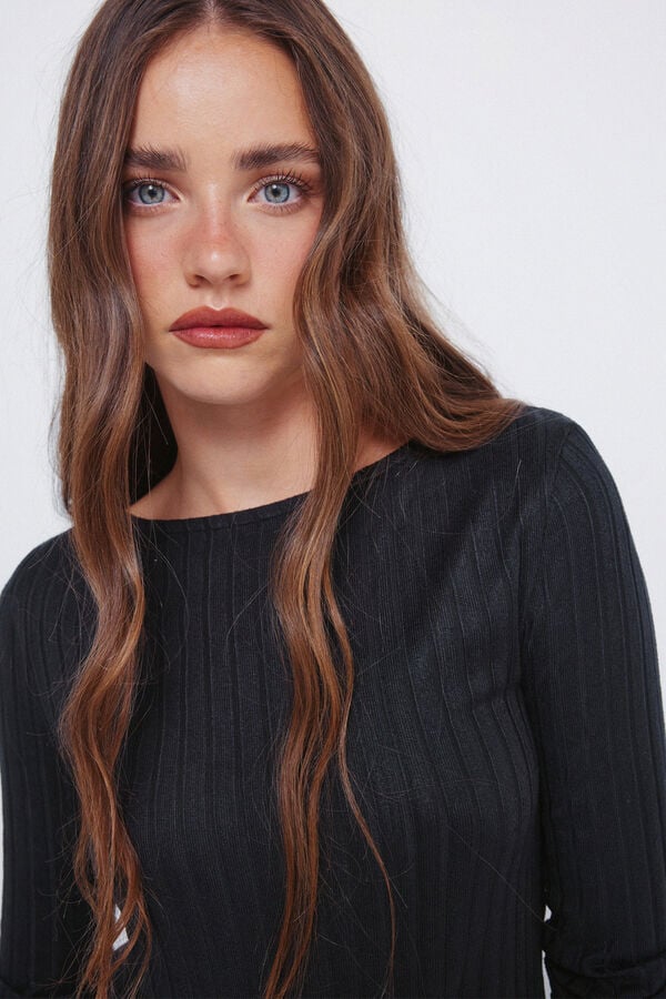 Springfield T-shirt com decote canoa canelado preto