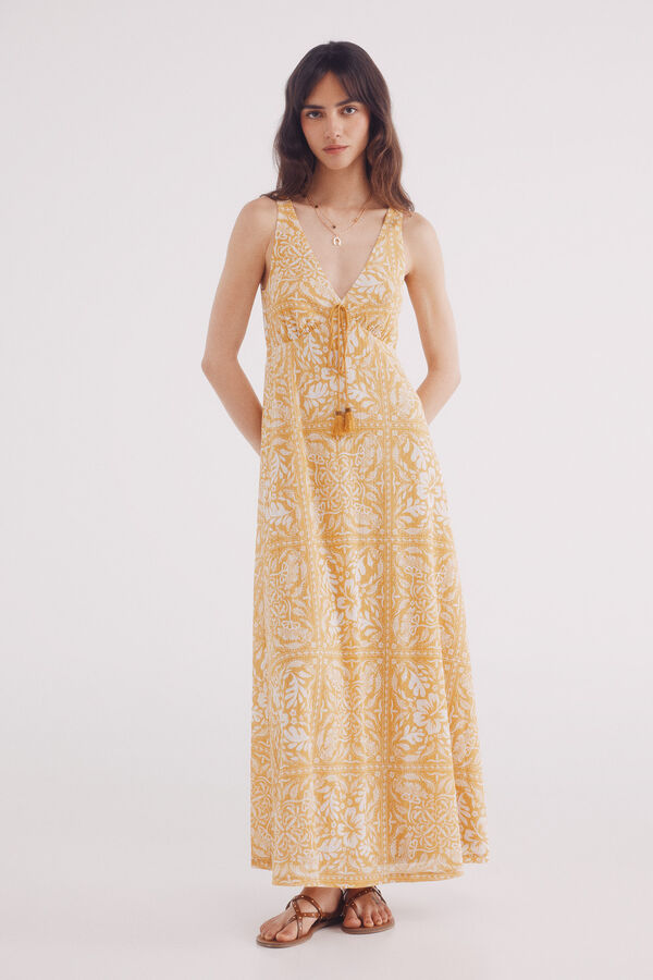 Springfield Mustard print midi dress printed