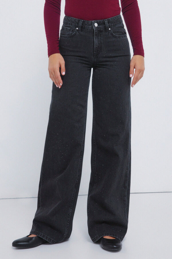 Springfield Calça jeans de perna larga com cristais brilhantes preto