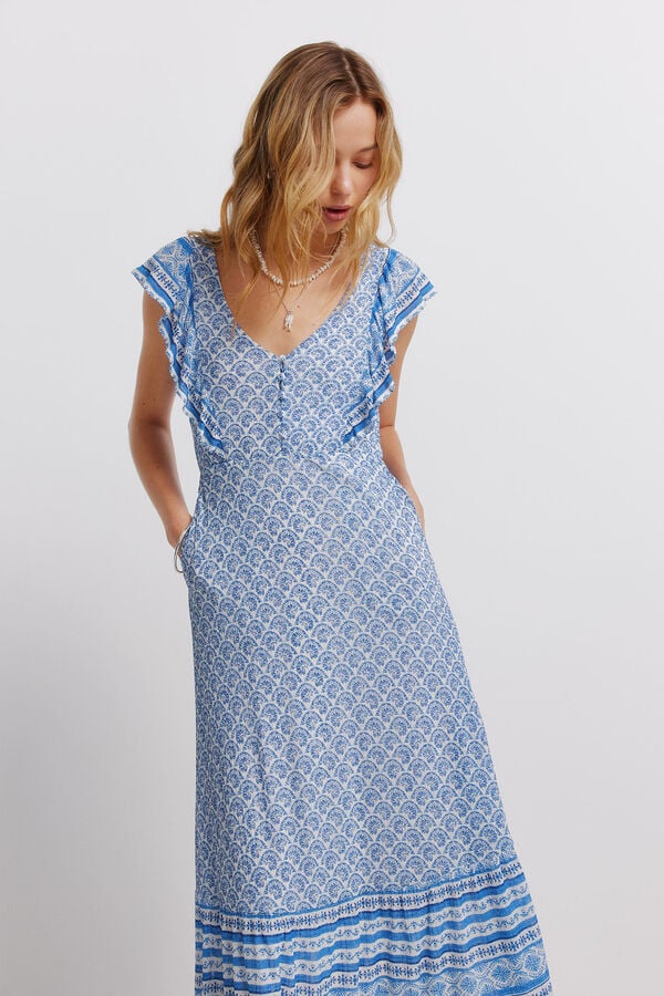 Springfield Vestido de al&ccedil;as com folhos estampado sanefa branco