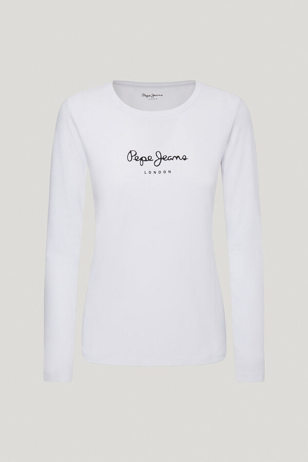 Pepe Jeans Camiseta b&aacute;sica de manga comprida com logo frontal branco