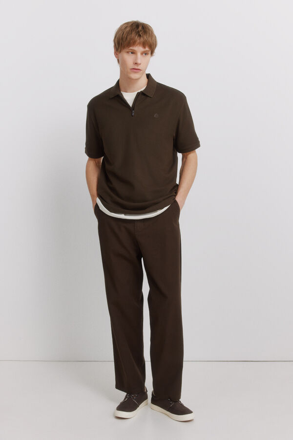 Springfield Polo piqu&eacute; fecho-&eacute;clair regular fit castanho