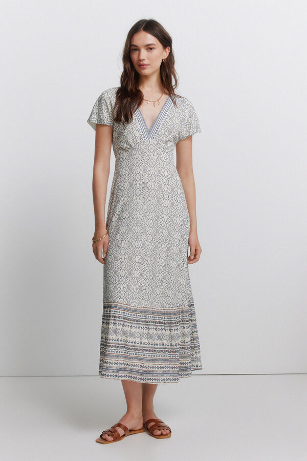 Springfield Vestido estampado sanefa decote bege