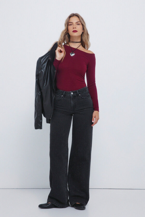 Springfield Calça jeans de perna larga com cristais brilhantes preto