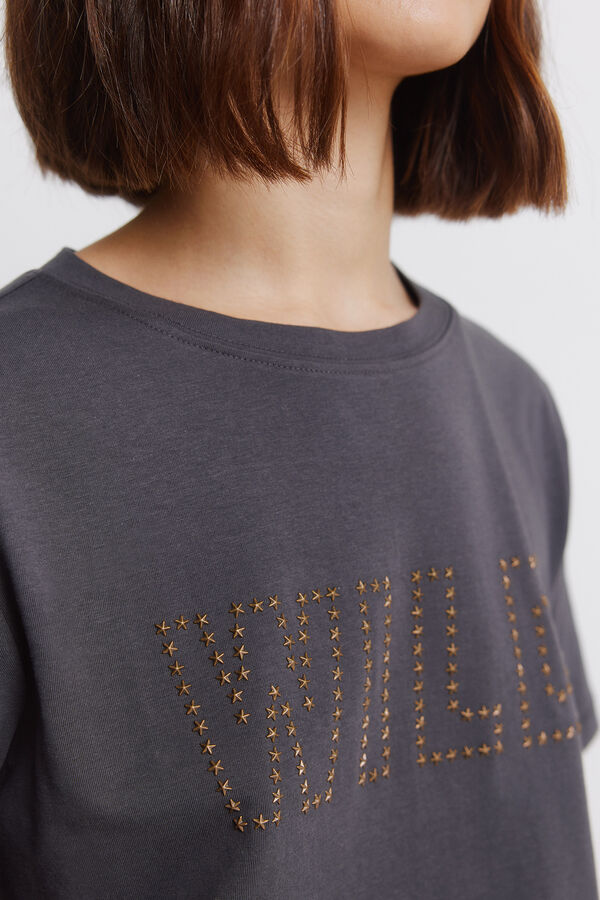 Springfield T-shirt de manga curta com tachas em algod&atilde;o cinzento