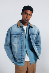 Springfield Jaqueta jeans oversized com gola contrastante azul