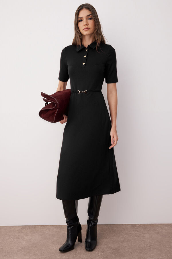 Trendyol Vestido midi bot&otilde;es manga curta preto