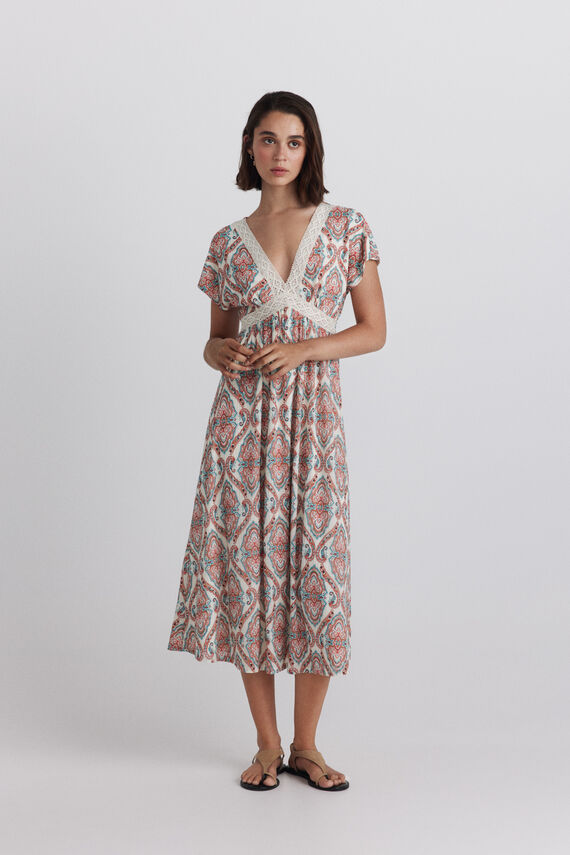 Vestido midi manga corta cenefa