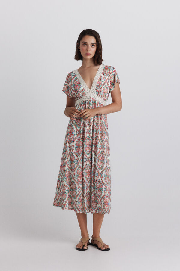Springfield Vestido midi de manga curta com estampado sanefa bege