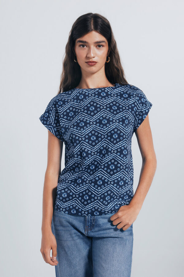 Springfield Camiseta estampada com bot&otilde;es e ombros &agrave; mostra azul