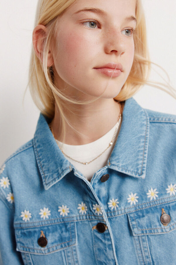 Springfield Kids Blus&atilde;o trucker de menina em denim com margaridas azul