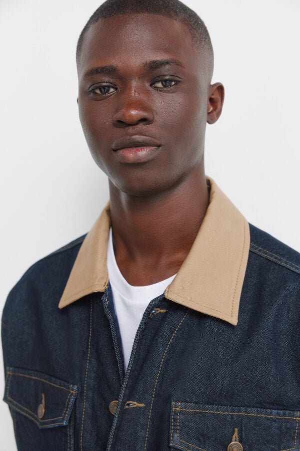 Springfield Jaqueta jeans oversized com gola contrastante azul