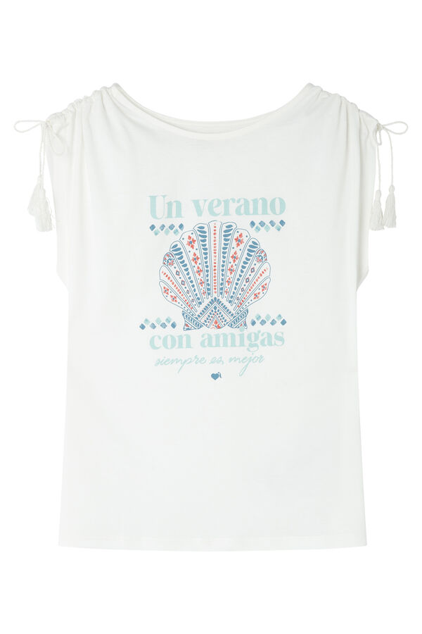 La Vecina Rubia Camiseta de manga manga curta com borlas bege