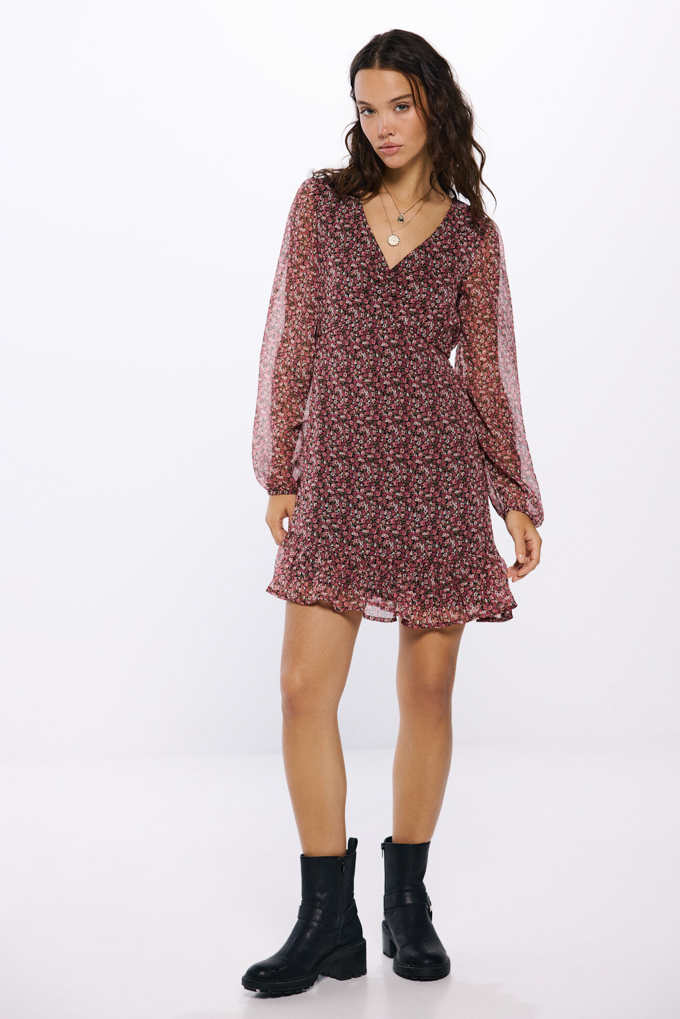 Cortefiel Vestido corto escote frunces estampado Rebajas Black