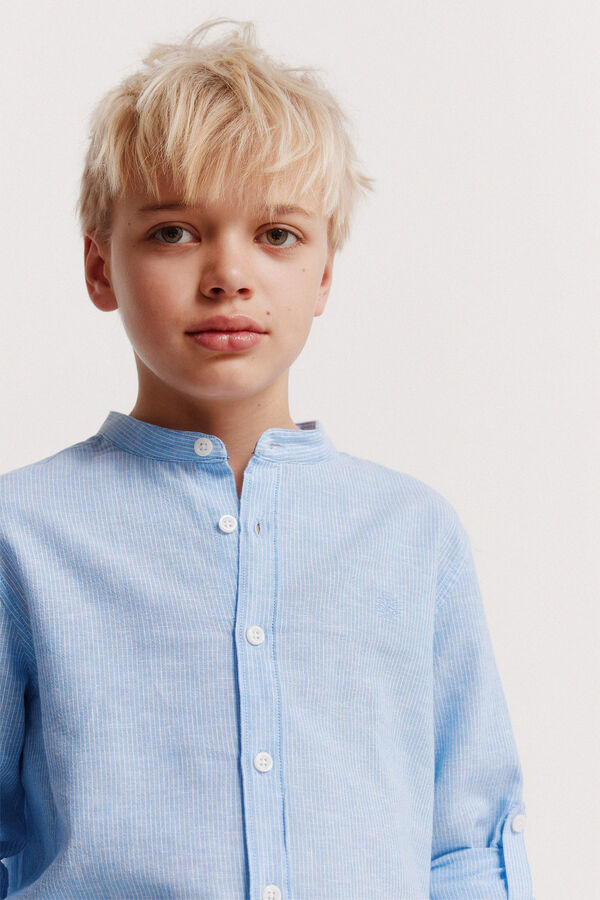 Springfield Kids Camisa de linho &agrave;s riscas gola mao para menino azul