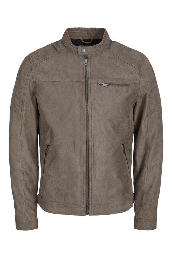 Jack & Jones Casaco de motoqueiro com efeito camur&ccedil;a cinzento