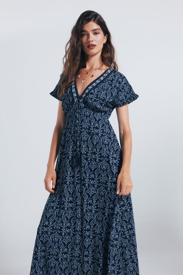 Springfield Vestido midi com decote bordado azul