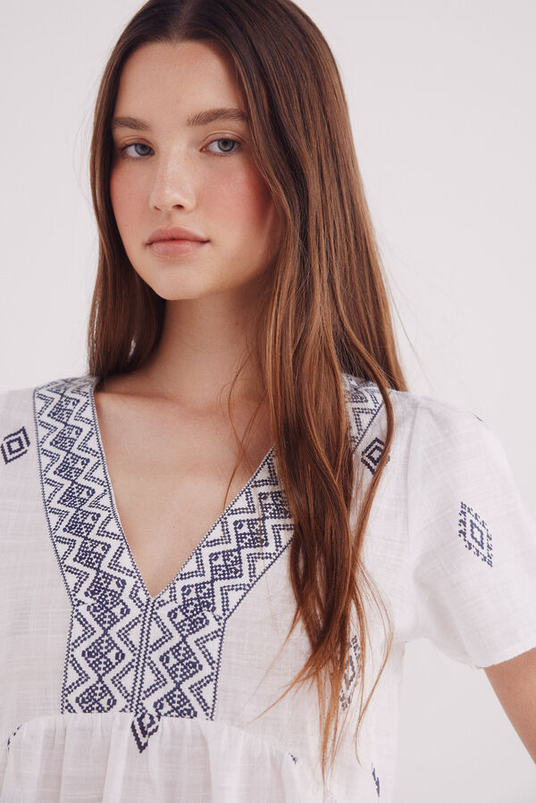 Springfield Blouse with ethnic motifs and a border neckline blue