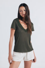 Springfield T-shirt decote crochet Caqui escuro