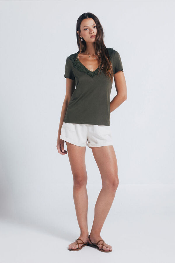 Springfield T-shirt decote crochet Caqui escuro