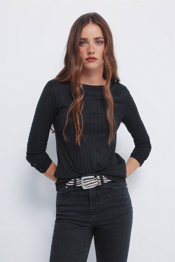 Springfield T-shirt com decote canoa canelado preto