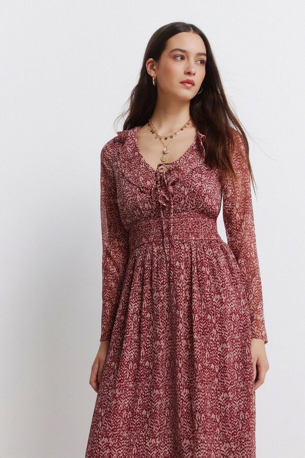 Springfield Vestido midi estampado com decote folho vermelho