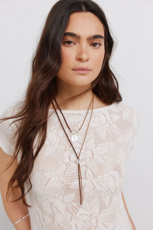 Springfield T-shirt de renda com transpar&ecirc;ncias castanho