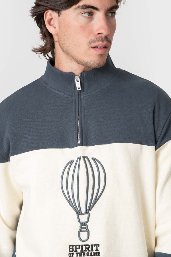 Celopman Sweatshirt com pain&eacute;is, fecho-&eacute;clair e estampado azul