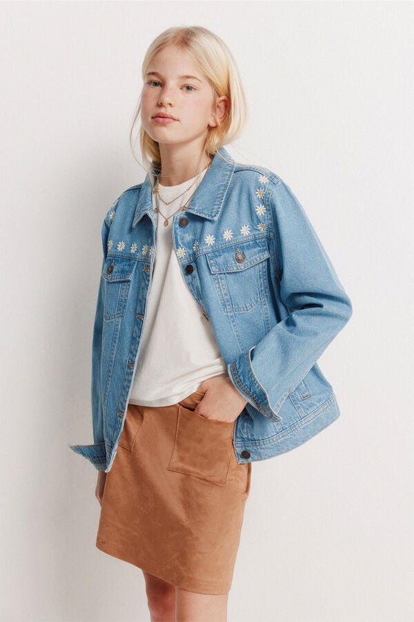 Springfield Kids Blus&atilde;o trucker de menina em denim com margaridas azul