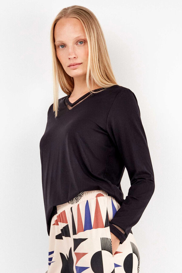 Gisela T-shirt com detalhe de renda no renda preto