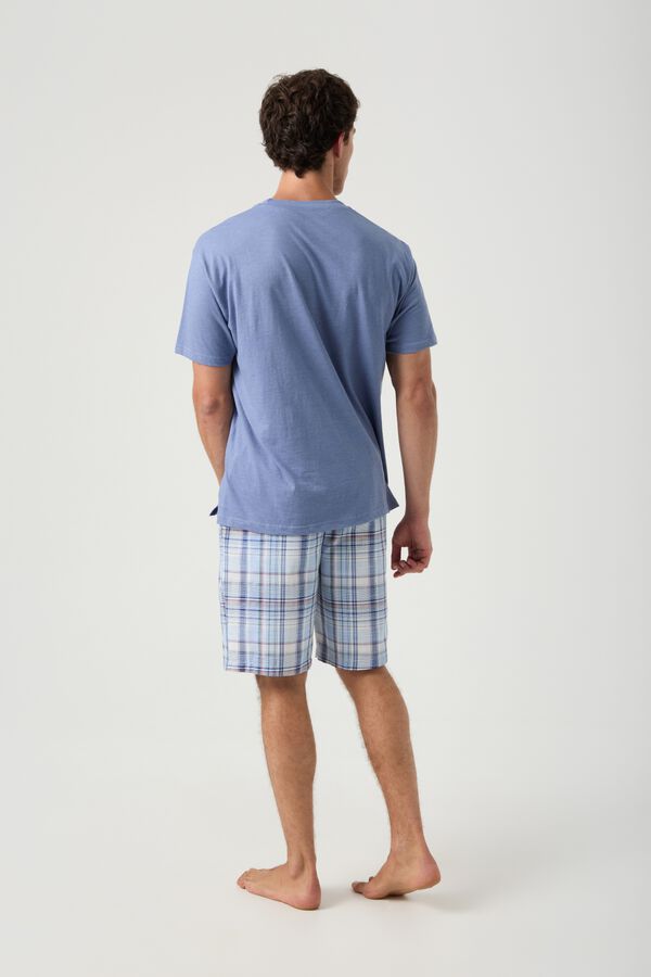 Kiff-Kiff Pijama curto combinado cal&ccedil;as xadrez azuis e T-shirt azul claro azul