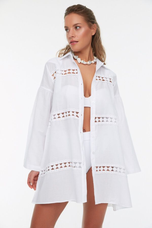 Trendyol Camisa comprida de praia com riscas branco